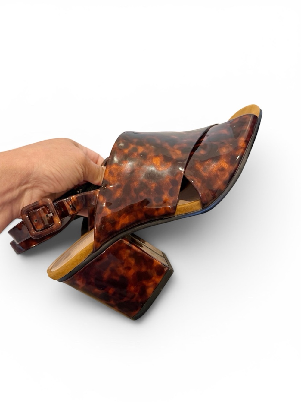 ANTHROPOLOGIE SILENT D Collins Block Heeled Sandals Tortoise Shell Glossy 37
